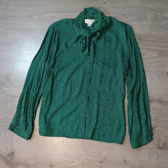 80s Vintage High Neck Bow Graphic Striped Printed Blouse - Picture 1 of 13